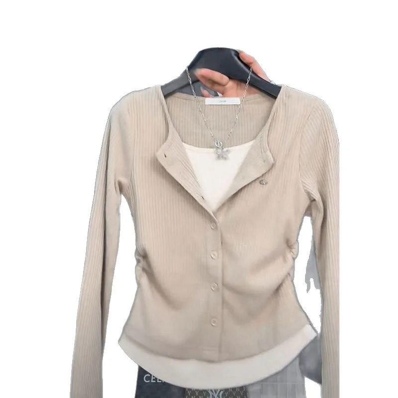 Primavera Otoño Invierno ropa interior estilo Casual fibra de poliéster longitud corta Slim Fit cuello pico manga larga Base camisa camiseta de mujer