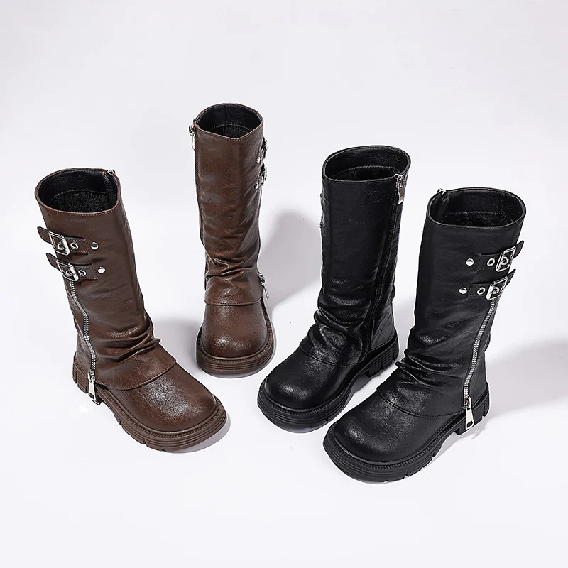 

Весенне-осенние новые детские модные высокие сапоги, классические черные, коричневые школьные кожаные ботинки для девочек, подиумные детские ботинки на платформе