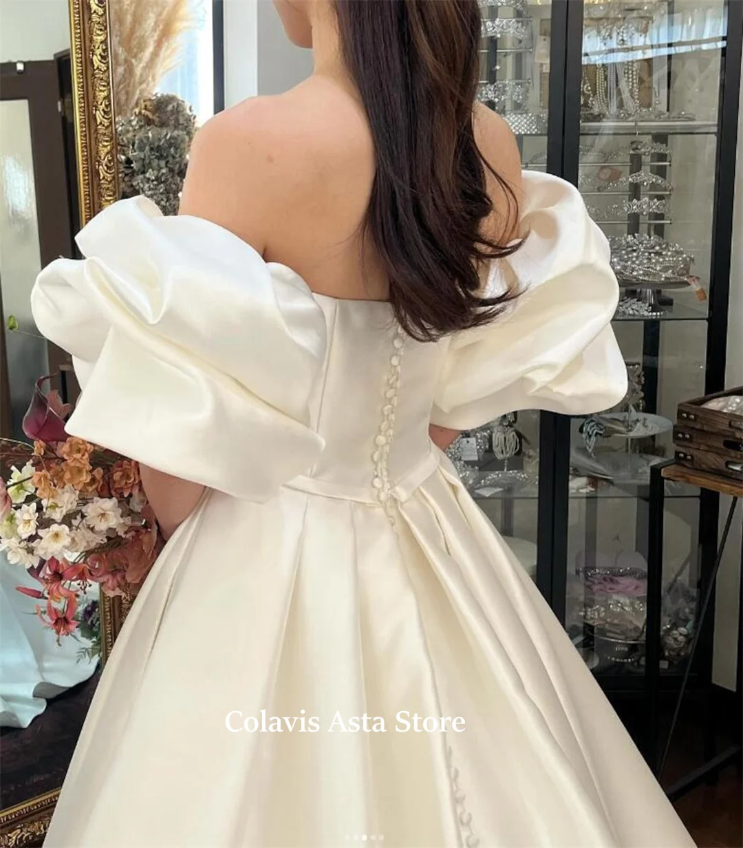 Japan Style Court Train Sweetheart Wedding Dress Customized Back with Buttons A-Line Satin Bride Dresses Bridal Gowns