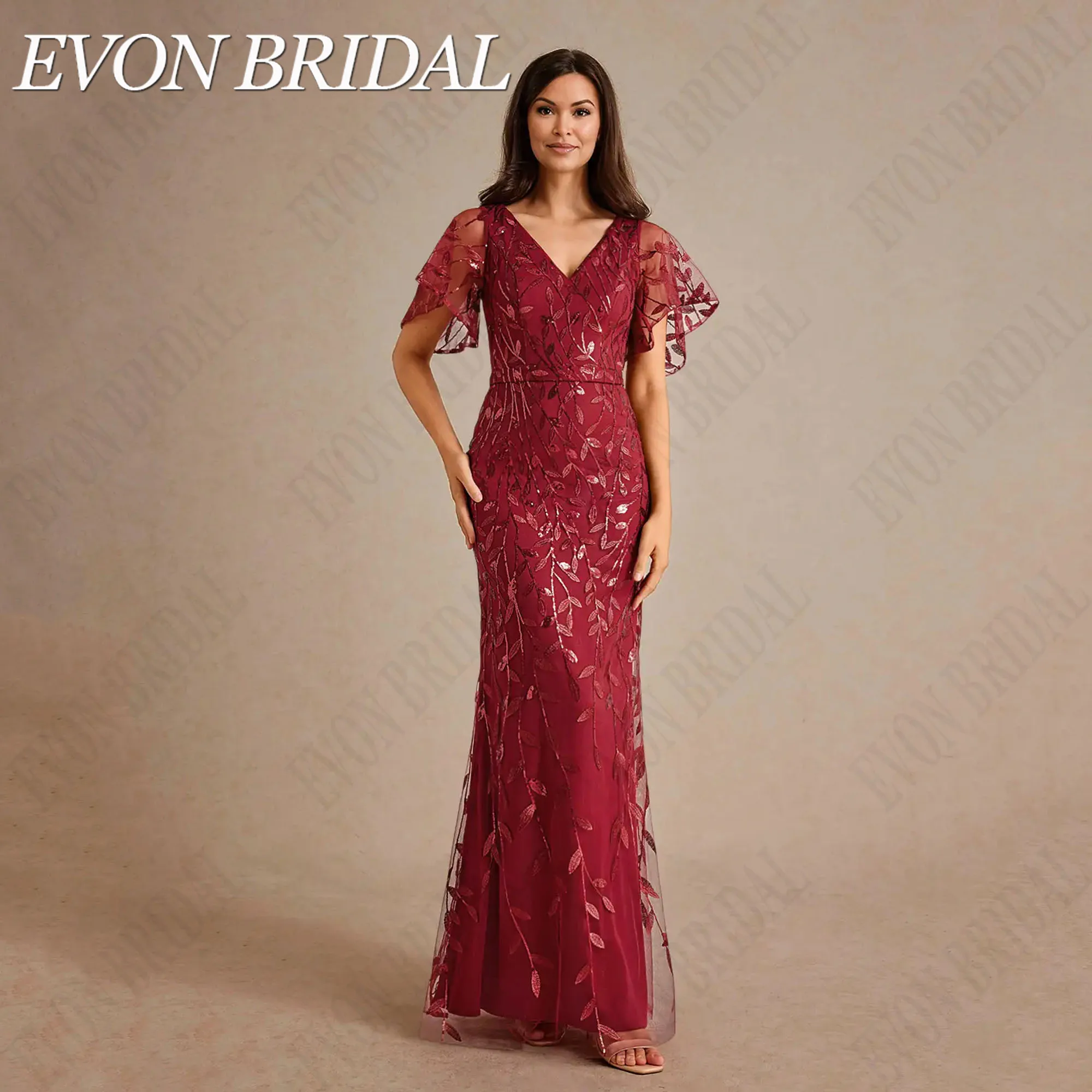 

EVON BRIDAL Red V-Neck Mother Dress Mermaid Tulle Wedding Guest Gown Batwing Sleeve robe invitée mariage Floor Length Customized