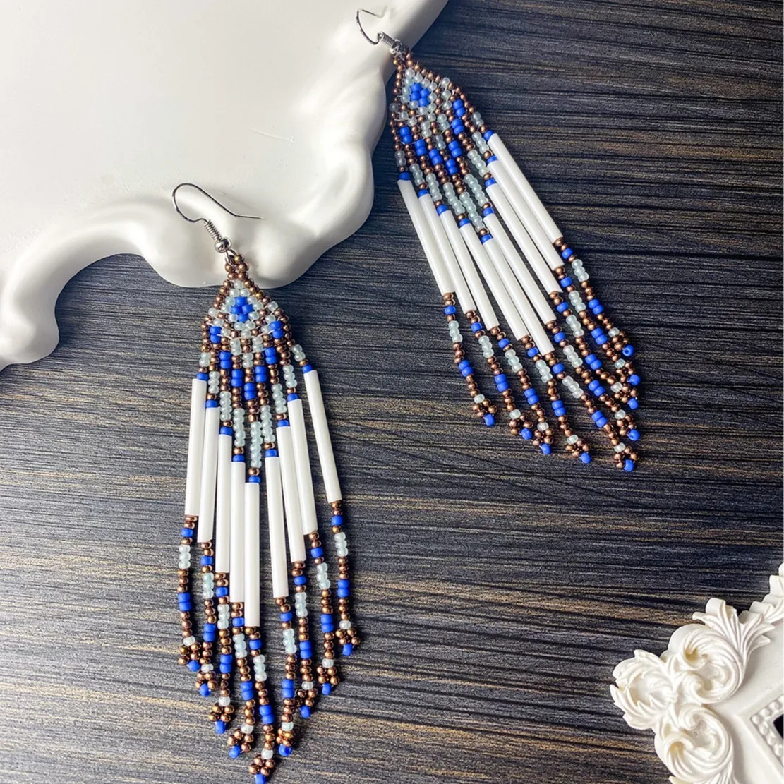 ZGMXR Rice bead earrings Tassel Gradual color Geometry Hand-woven Fashion Simple Alloy Woman Beaded earrings