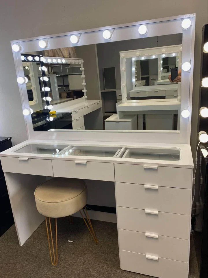 Glass Top White Vanity Set 7 Drawers Vanity Table With Lights Mirror Vanity Mirror Dressing Table