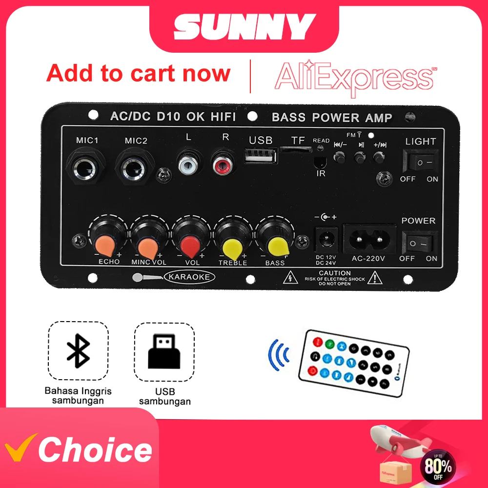 110V 220V 12V Scheda amplificatore Bluetooth digitale Subwoofer Doppio microfono Karaoke Amp Altoparlante Home Theater FAI DA TE 30W