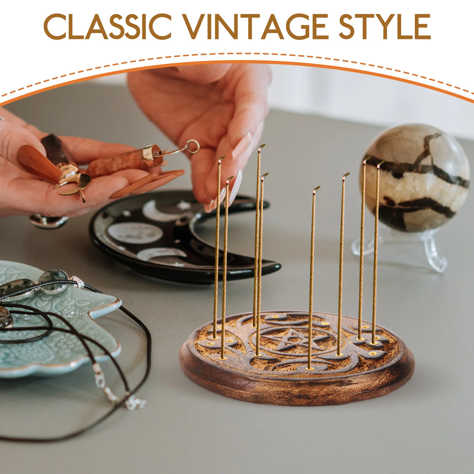 

Vintage Style Wooden Holder Stick Retro Desktop Ornament Round Wood Incense Plate Office Bedroom Decoration Gift Incense Sticks