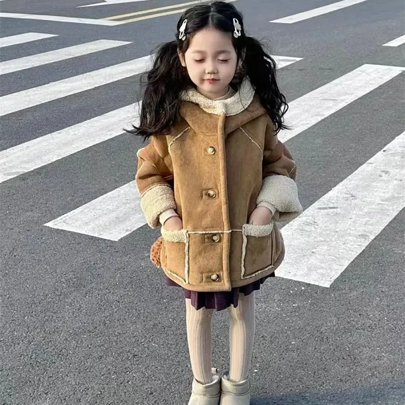 2023 winter new deer leather velvet double-sided wearing thickened top jacket Korean children clothing girl jacket