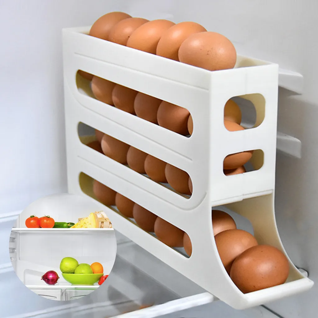 

1PC 4 Layer Slide Egg Storage Box Fridge Side Door Storage Box Automatic Rolling Egg Holder Home Kitchen Egg Dispenser Organizer