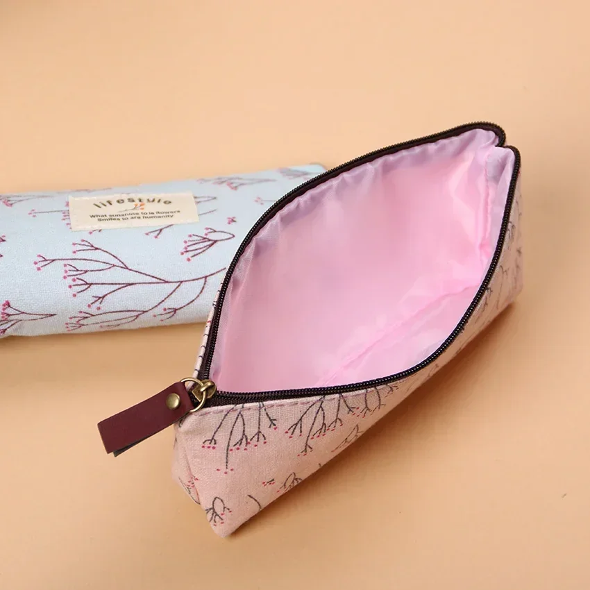 Cute Cosmetic Bag Floral Flower Canvas Zipper Pencil Cases Lovely Fabric Flower Tree Pen Bags School Supplies Free Shipping