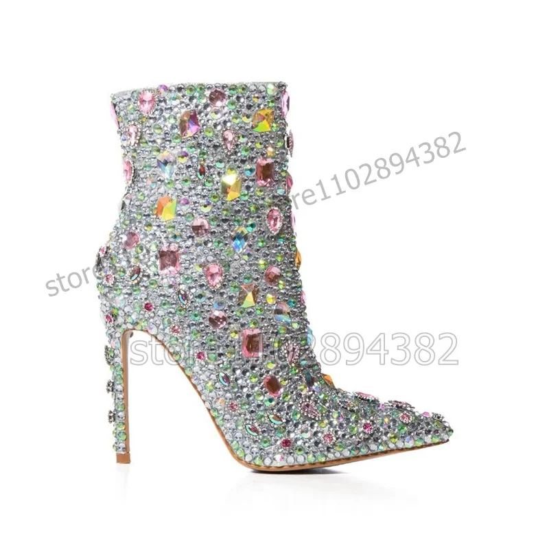 Colorful Jewel Crystal Decor Pointed Toe Ankle Boots Side Zipper Women Shoes Thin High Heels Fashion 2023 Zapatos Para Mujere