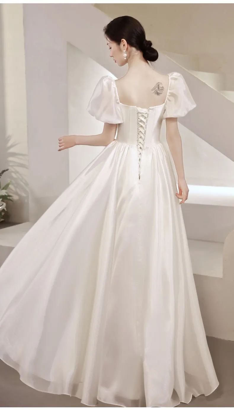 S135 vestidos de novia de noche blancos con memoria para mujer, cuello cuadrado, manga abullonada, elegante, Formal, graduación, fiesta de cumpleaños