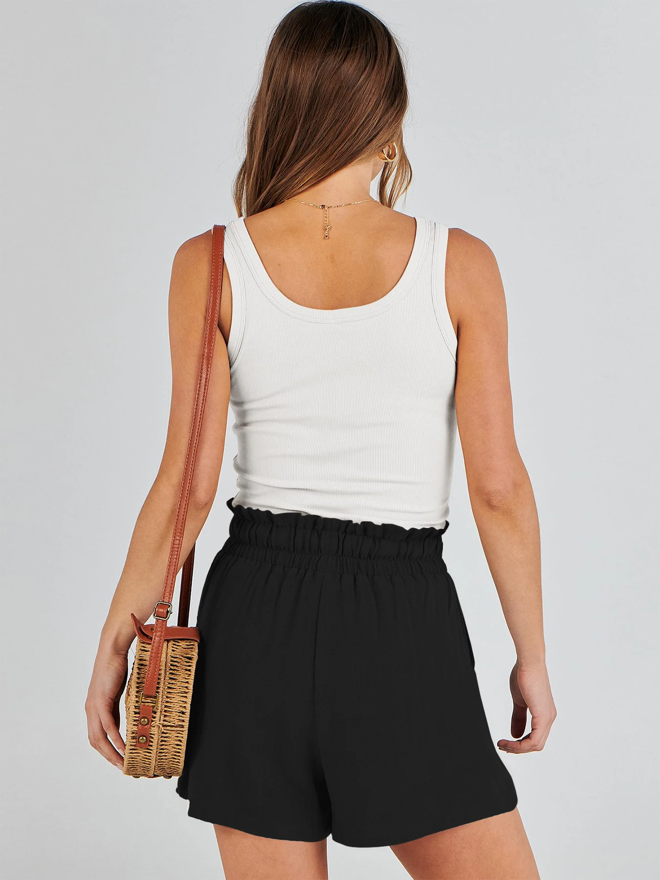 Damen-Shorts, atmungsaktiv, Kordelzug, elastische Taille, leicht, einfarbig, lässig, Business-Stil, modische Leinen-Shorts – Detail 5