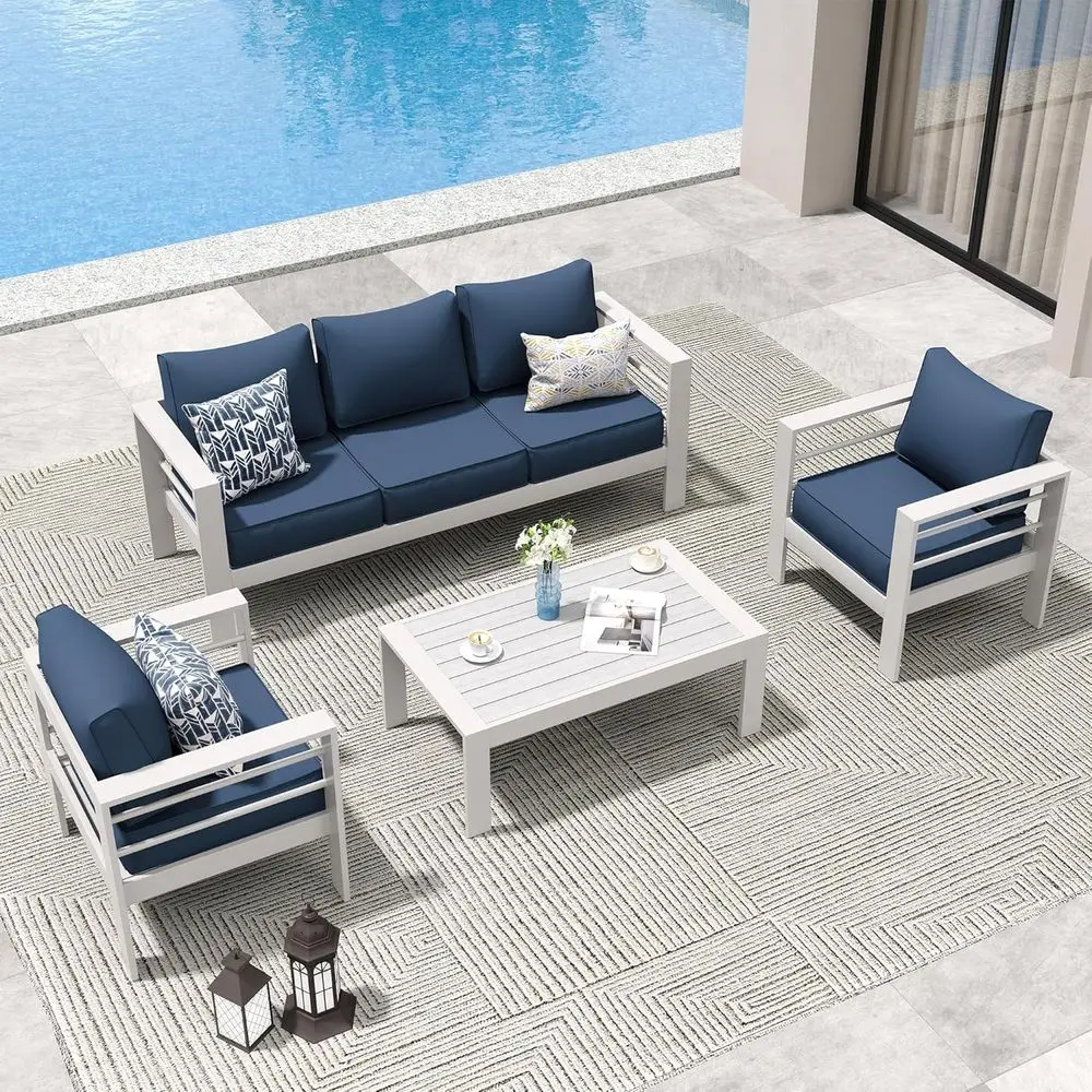 

6-Piece Outdoor Patio Furniture Set with Blue and White Sectional Sofa and Coffee Table, Waterproof Covers Included