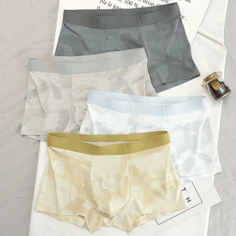 

2025 New Men's Panties Ice-Silk Underwear Mesh Breathable Briefs Camouflage Print Boxer Briefs Male Mid-waist Plus Size Boxers