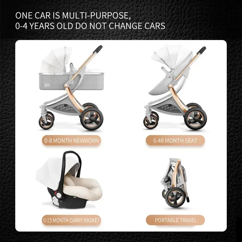 High Quality 3 in 1 Luxury PU Leather Baby Push Chair Aluminium Frame Egg Shell Baby Stroller with Big Wheels