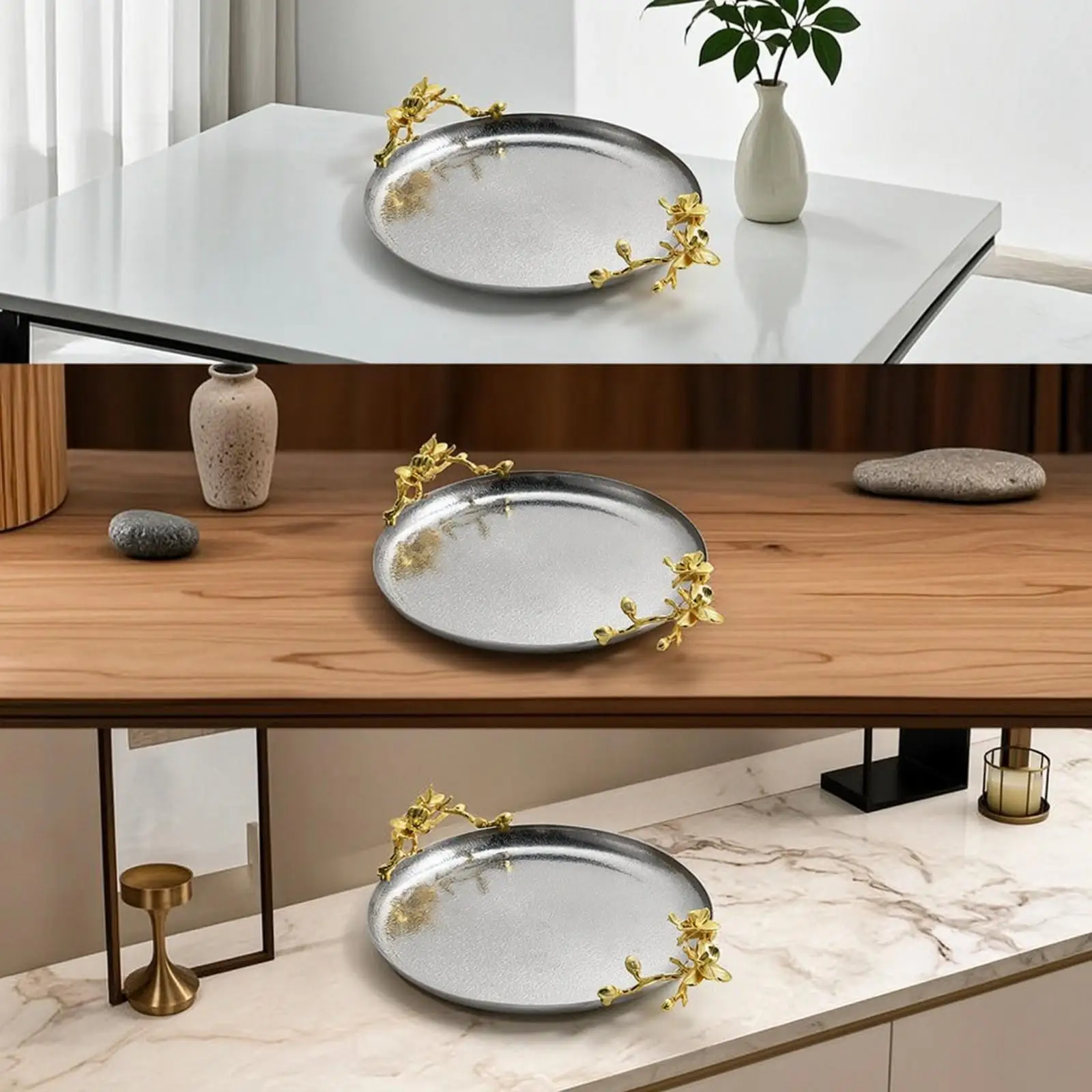 Elegant Silver Tone Serving Tray for Tea Time or Party Snacks Ornate Gold Flower Detail for Decor