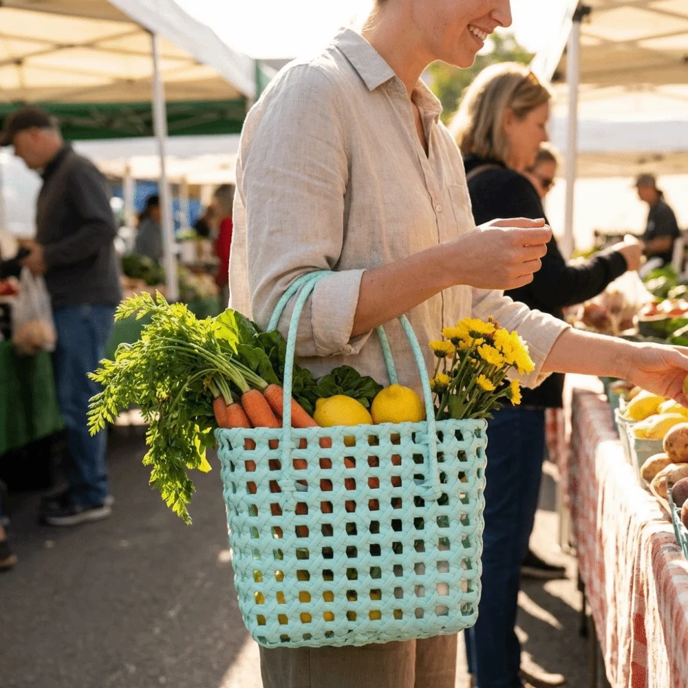 

Fashion Plastic Material Hollow Weave Bag Woven Design Large Capacity Basket Bag Lightweight Soft Handle Beach Tote Bag Daily