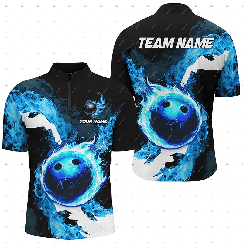 Custom Name Bowling Skull Colorful Flame Graffiti Vintage Retro 3DPrint Harajuku Summer Short Sleeve Zipper Polo Jersey Shirts W