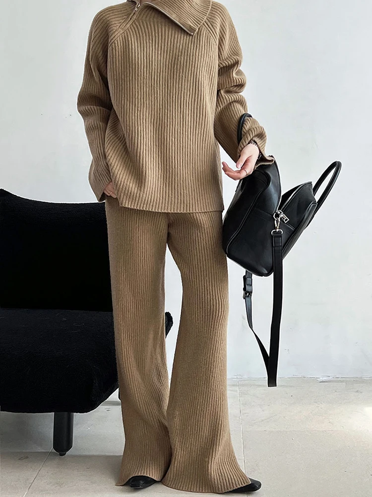 [EAM] Big Size Zipper Sweater Wide Leg Pants Two Piece Suit New Turtleneck Long Sleeve Women Fashion Tide Spring Autumn 2024 00