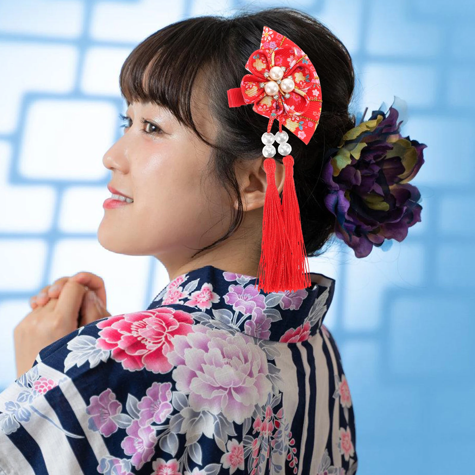 

Japanese Style Hairpin Metal Flower Tassel Ornaments Clip for Girls Hanfu Headwear Shine Fan Hairclip Decorations