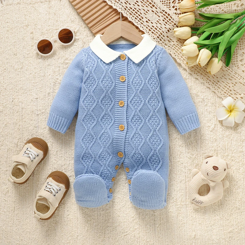 

Модные комбинезоны с высоким воротником и длинными рукавами для новорожденных мальчиков, вязаные синие цельные детские комбинезоны, одежда для малышей 0-18 м