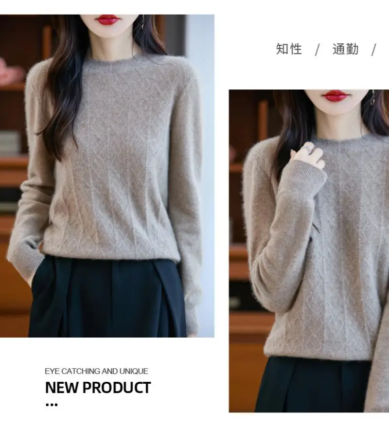 

Women Wool Sweater Lace Round Neck Pullover Autumn Winter 100% Merino Wool Knitwear Solid Grace Long Sleeve Retro Clothing Tops