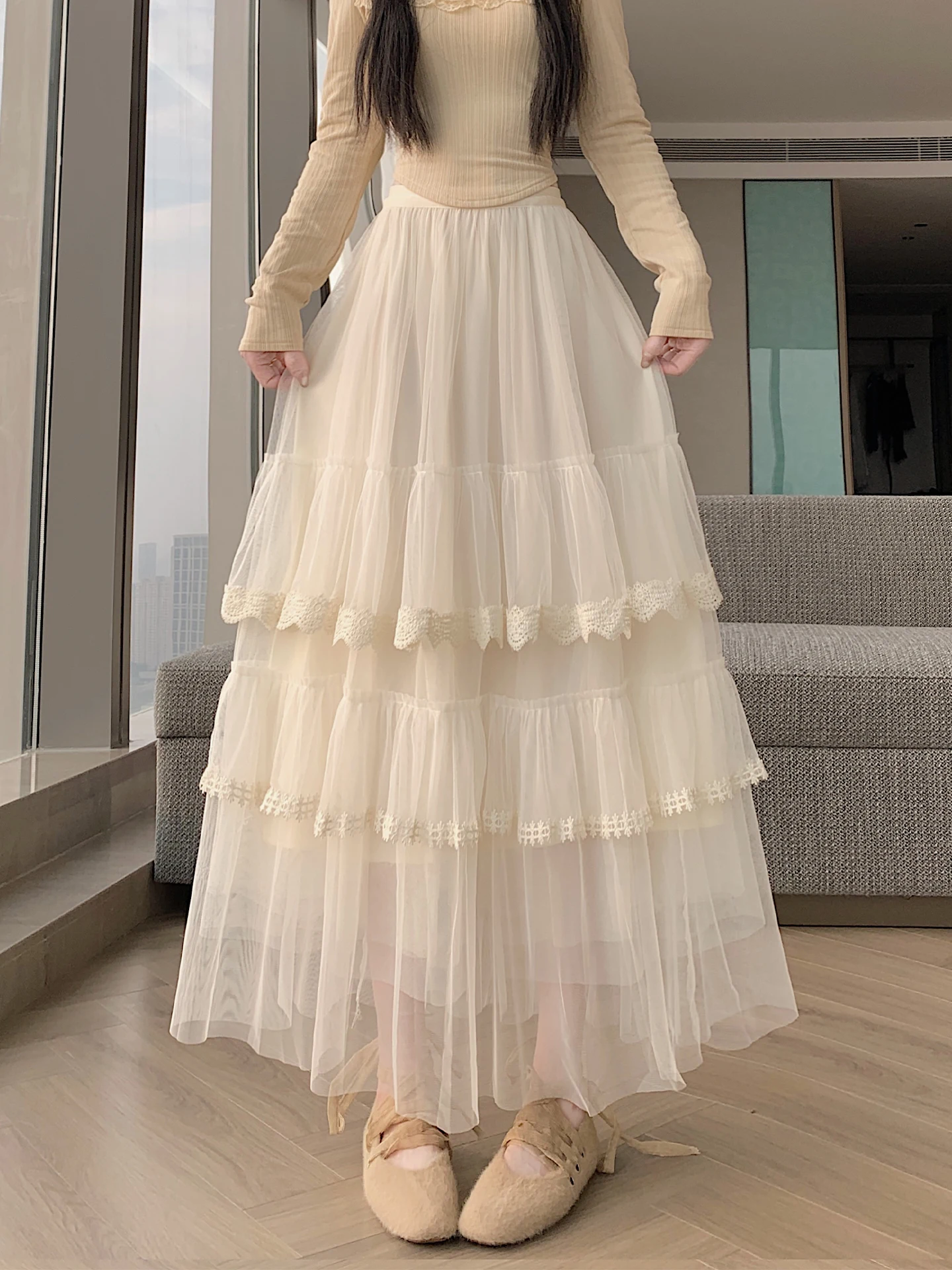 

Французская юбка-миди с кружевной отделкой, женская модная весенняя новинка, юбка-«торт» в стиле феи, длинная юбка