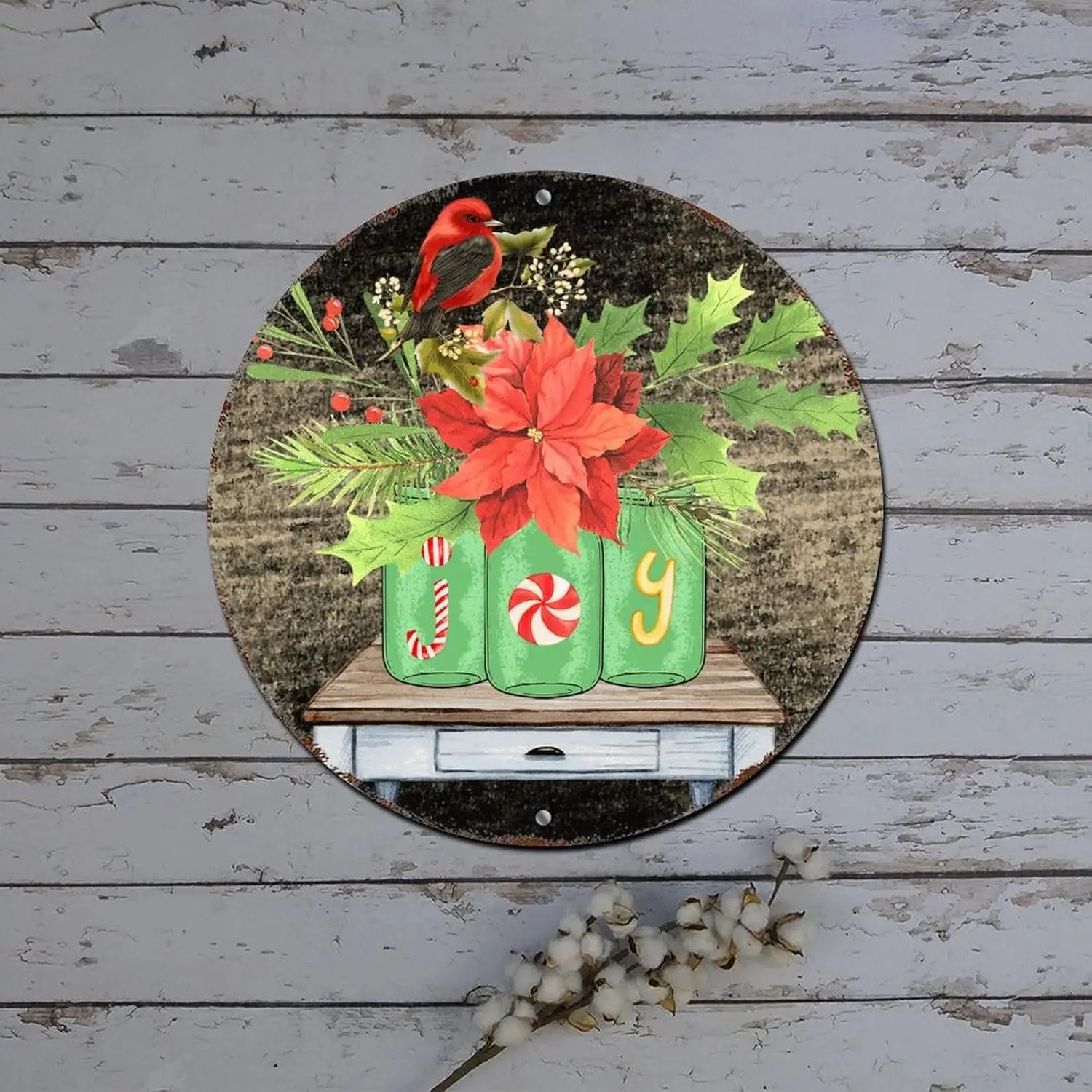 Merry Christmas Sign Poinsettia Vase Joy Wood Grain Round Metal Tin Sign Christmas Hanging Decorations Outdoor Shabby Metal Sign