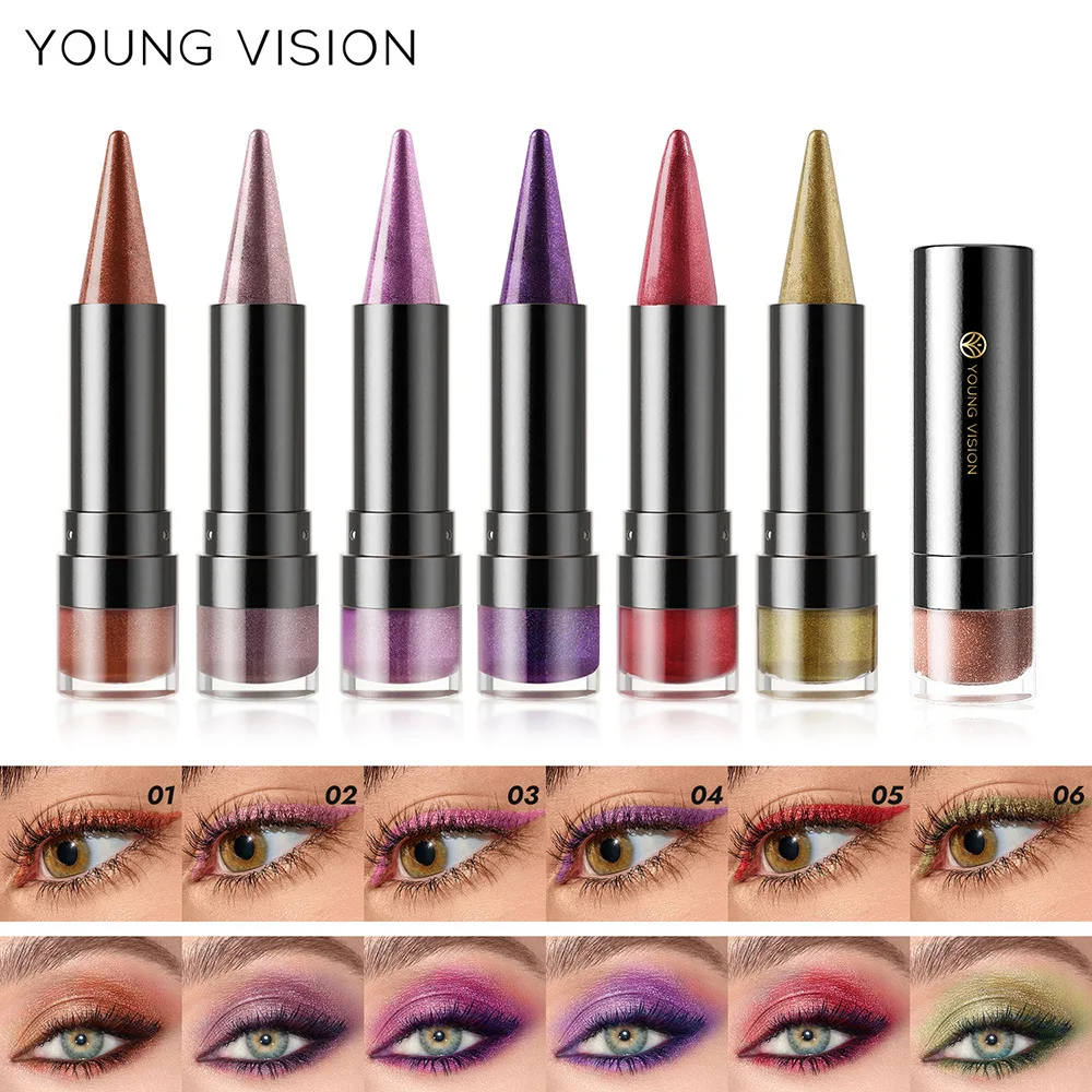 Young Vision 6 สี Pointed Tip Fine Glitter ลิปสติกอเนกประสงค์ Pearly ลิปสติก Lip Liner อายแชโดว์อายไลเนอร์