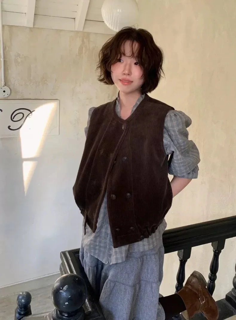 

PREON Commuter Sle Briti Double-Row Button Vest Jaet Women's ort Outerwear round Ne Pure Color Winter New Arrival