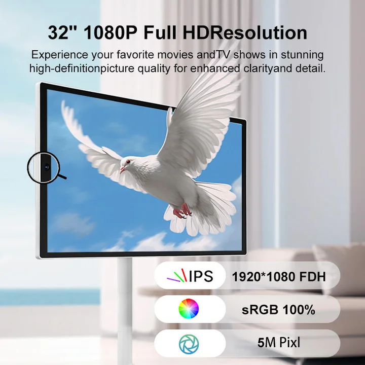 تلفزيون ذكي عالي الجودة 32 بوصة حامل تلفاز متنقل ذكي HD فيديو عرض عمودي لاعب أندرويد 12 1920*1080 تلفزيون محمول كبير الحجم