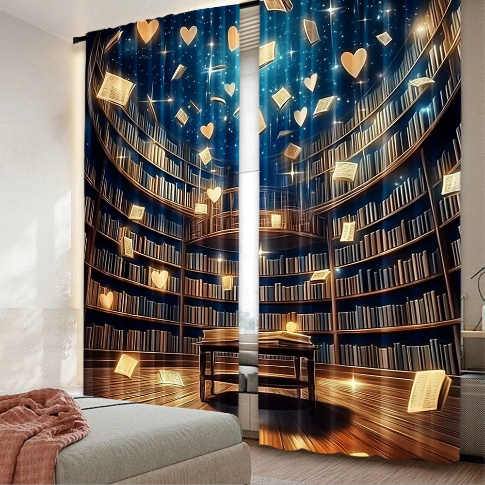 2Pcs Bookshelf Curtains Magical Library Books Flying Starry Sky Pattern Print Window Drapes For Bedroom Living Room A