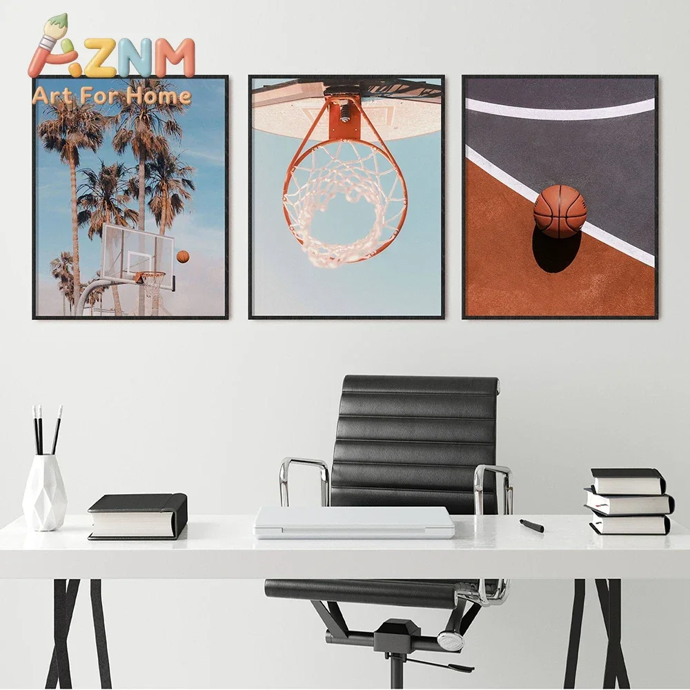 AZNM Basketball Court Canvas Wall Art Palm Tree Sport Photo Poster Boys Room Office Decor Unframed Canvas Painting