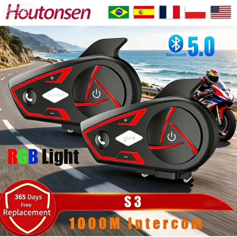 

Houtonsen S3 Waterproof Motorcycle Bluetooth Headset 1000M Intercom RGB Tri-Color Ambient Light