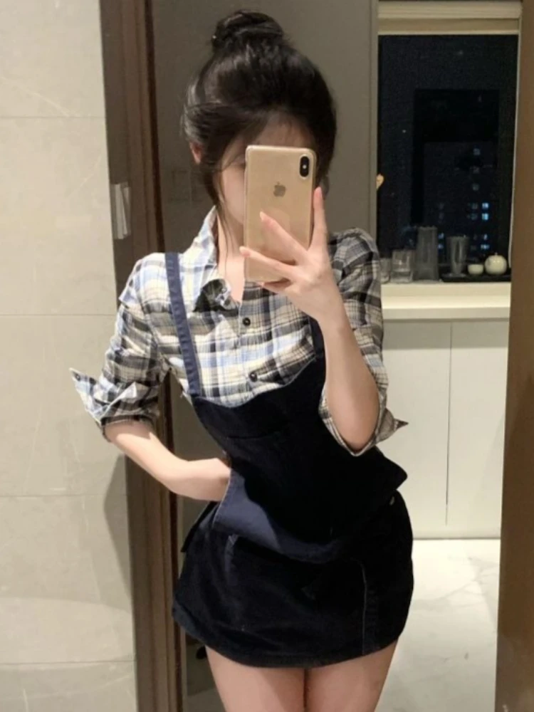 Elegant Lolita Women's 2 Piece Set Plaid Long Sleeve Shirt + Black Suspender Mini Skirt Y2k Summer Outfits Korean Fashion Female