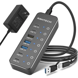 RSHTECH Powered 7 Port 10Gbps Data USB Hubs Individual On/Off  Touch Switches Splitter for Surface Windows PC Laptop Desktop