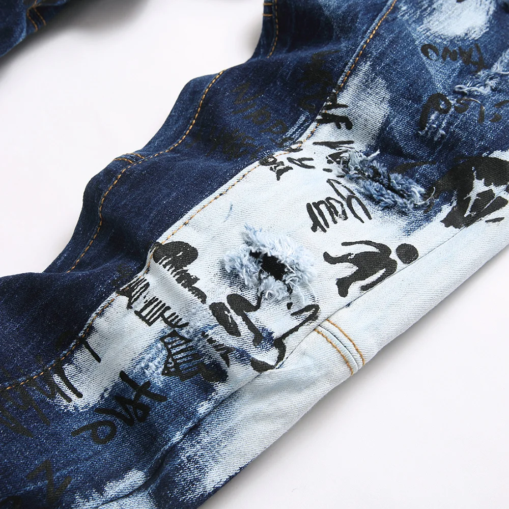 Men Letters Printed Denim Jeans Holes Ripped Patchwork Spliced Pants Button Fly Slim Tapered Stretch Trousers - Image 4