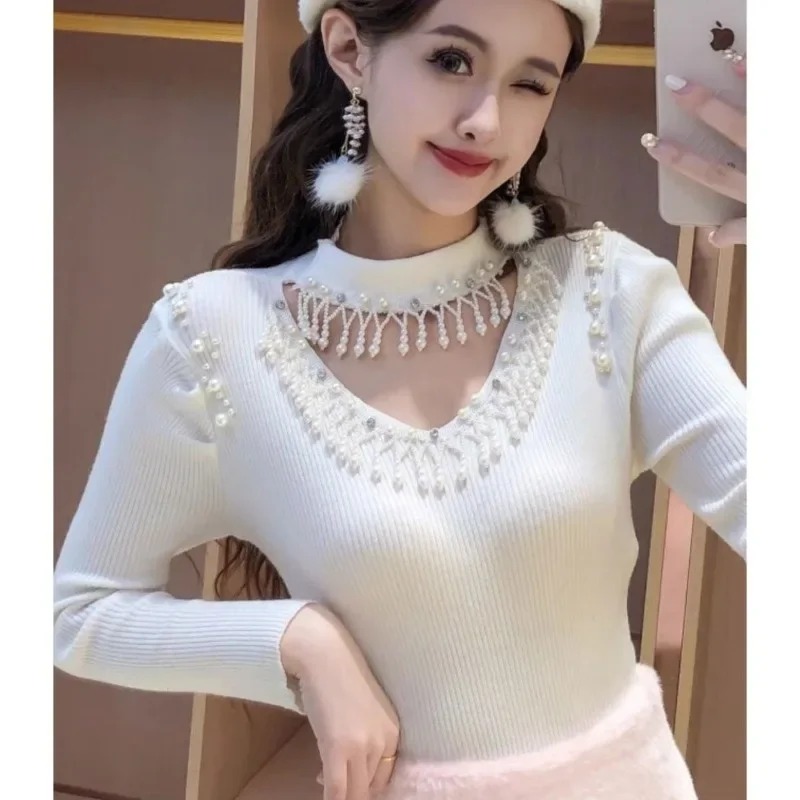 Kimotimo Fashion Beading Knitted Tops Women Autumn Winter Hollow Out Slim Long Sleeve Bottom Pullover Gentle Sweet Y2k Sweater