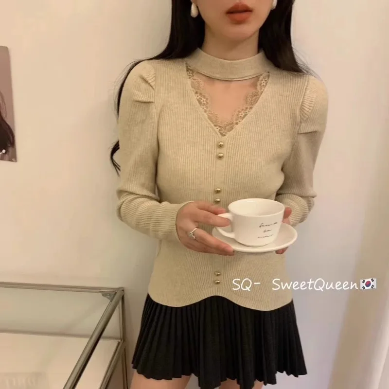 

Свитер с v-образным вырезом и бретелькой на шее, нижняя рубашка для женщин, осень-зима, новый стиль, кружевной утягивающий вязаный топ с внутренней стороны