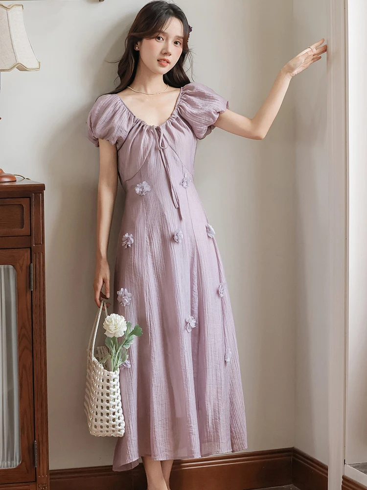 Sommer Lila Chiffon Applikationen Chic Langes Kleid Frauen Puff Sleeve Bogen V-ausschnitt Casual Kleid 2025, Koreanische Elegante Bodycon Prom Kleid