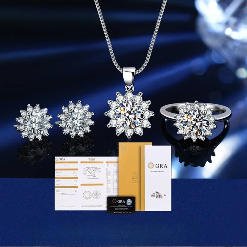 【With Gra Certificate】 3/Pcs Moissanite 1 Karat Wedding Suit Ring Necklace Eardrops Stud Earrings Romantic Gift for Women