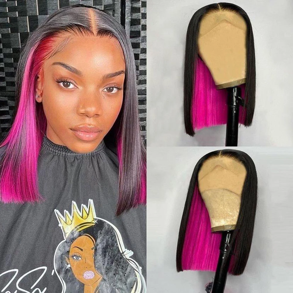 Fuxition schwarz/rosa Highlight gerade kurze Bob synthetische Spitze Front Perücken für Frauen schulter lange Spitze vorne Wärme faser Haar