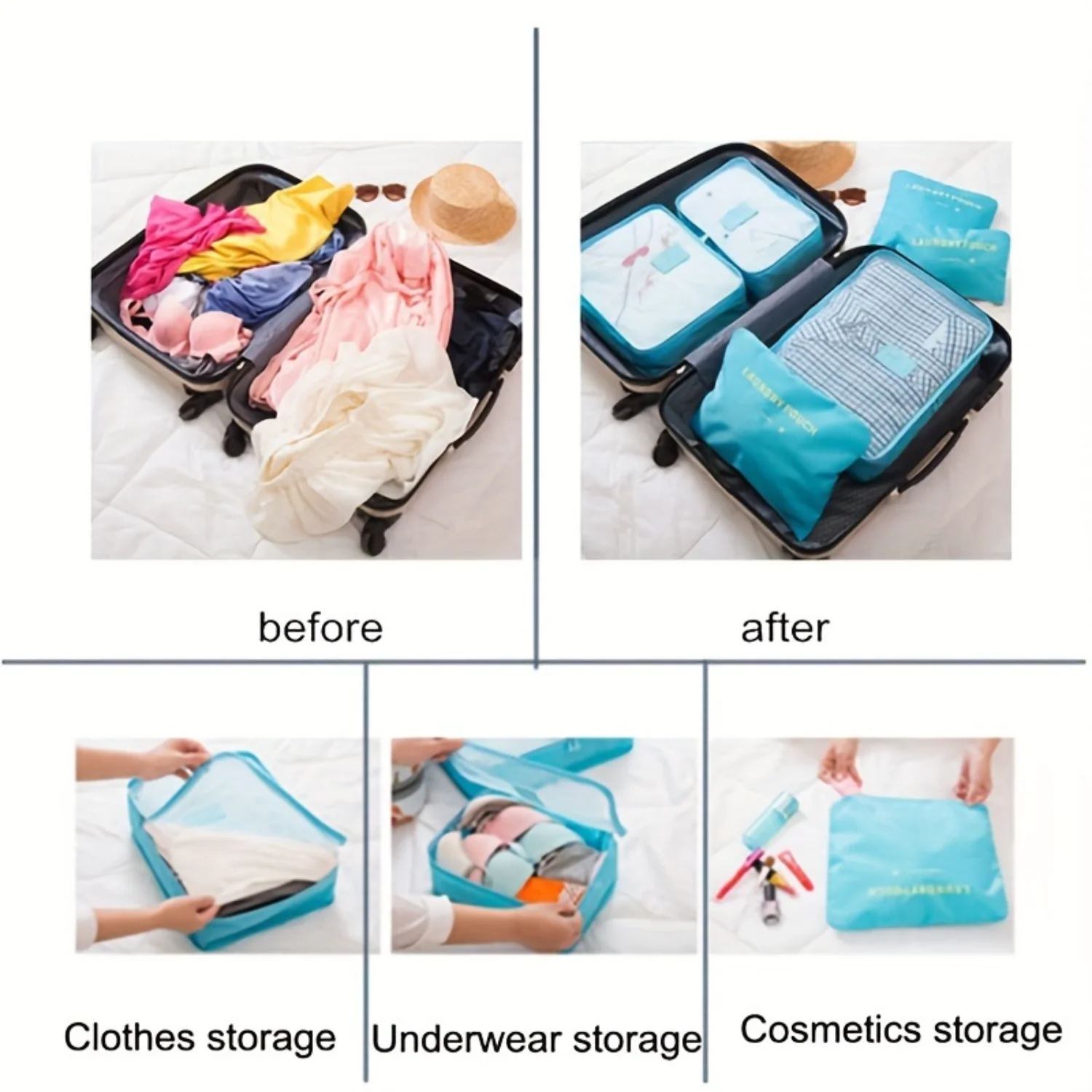 6pcs/set Single Color Travel Organizer Set, Clothes Packing Cubes, Waterproof Laundry Pouch, Underwear Bag, Cosmetic Case, Toile