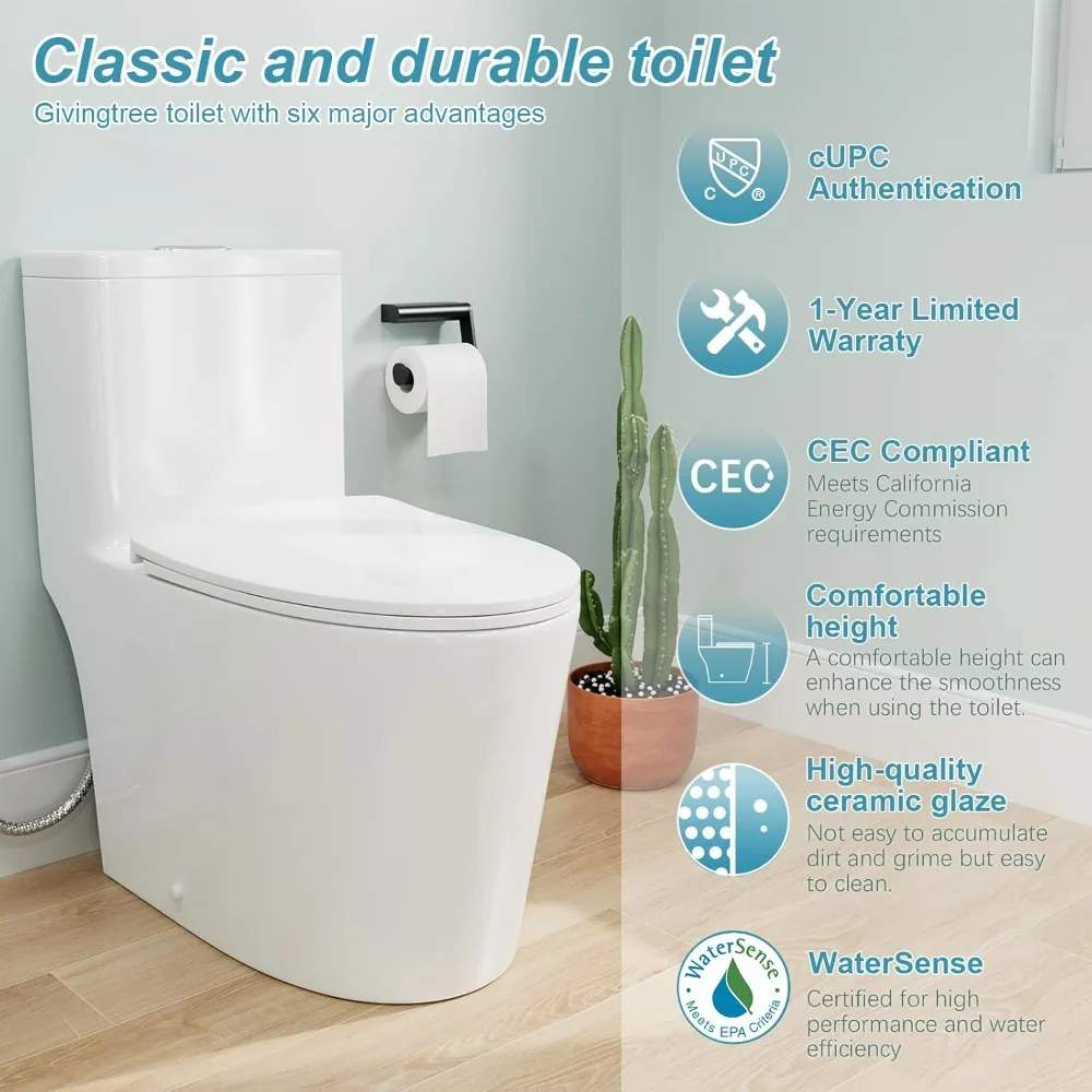 Dual Flush Elongated Standard One Piece Toilet with Comfortable Seat Height,Powerful&Quiet Dual Flush Modern Toilet,Glossy White