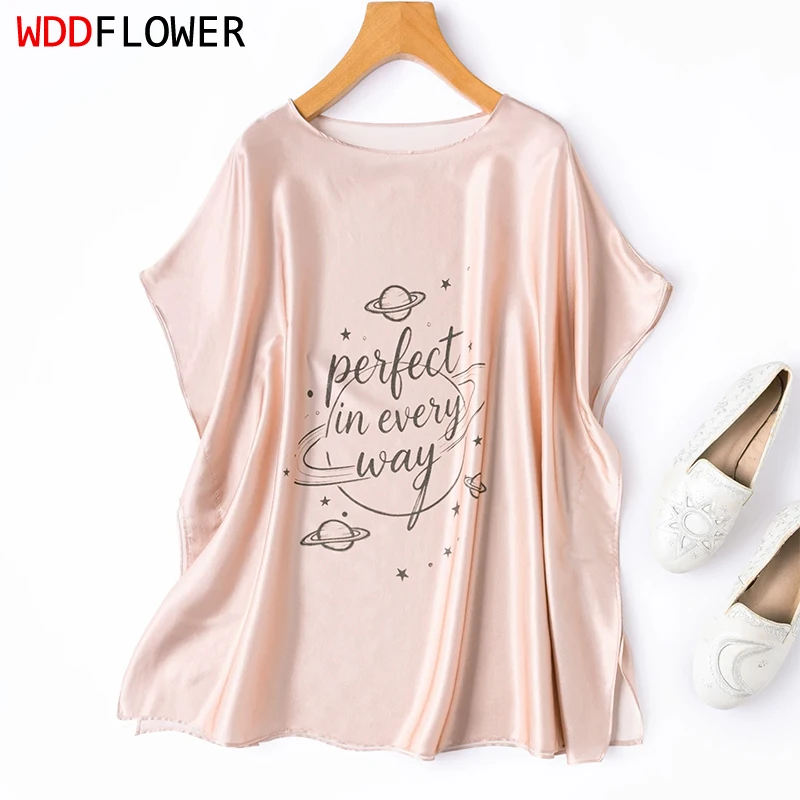 93% Mulberry Silk 7% Spandex Loose Type Pink Letters Printed Cap Sleeve Women Silk Shirt Casual Top Blouse Pullover Summer M1687