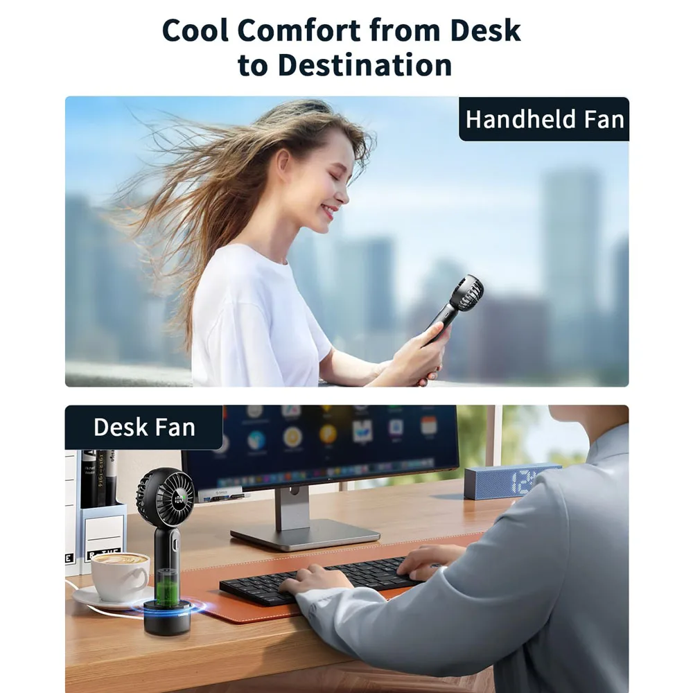 coldSky Handheld Fan with Wireless Charging Base 3 Speeds Portable Fan with Digital Display Handheld/Desk 2 in 1 Personal Fan