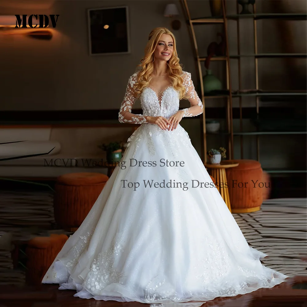

MCDV Customized Exquisite Women's Princess Ball Gown Lace Wedding Dresses 2025 Long Sleeve Applique Bride Gown with Chapel Train