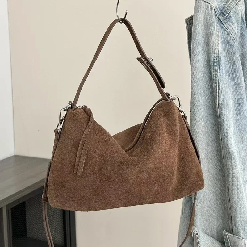 

Women's Suede Bag Female Retro Frosted Cowhide Split Leather Armpit Shoulder Bag Lady Handbag Trendy Crossbody Messenger Bags