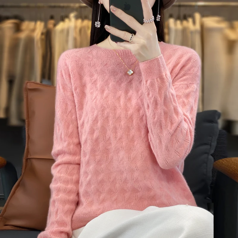 

Authentic 100% Merino wool round neck sweater ladies autumn and winter long-sleeved solid color warm loose bottoming sweater