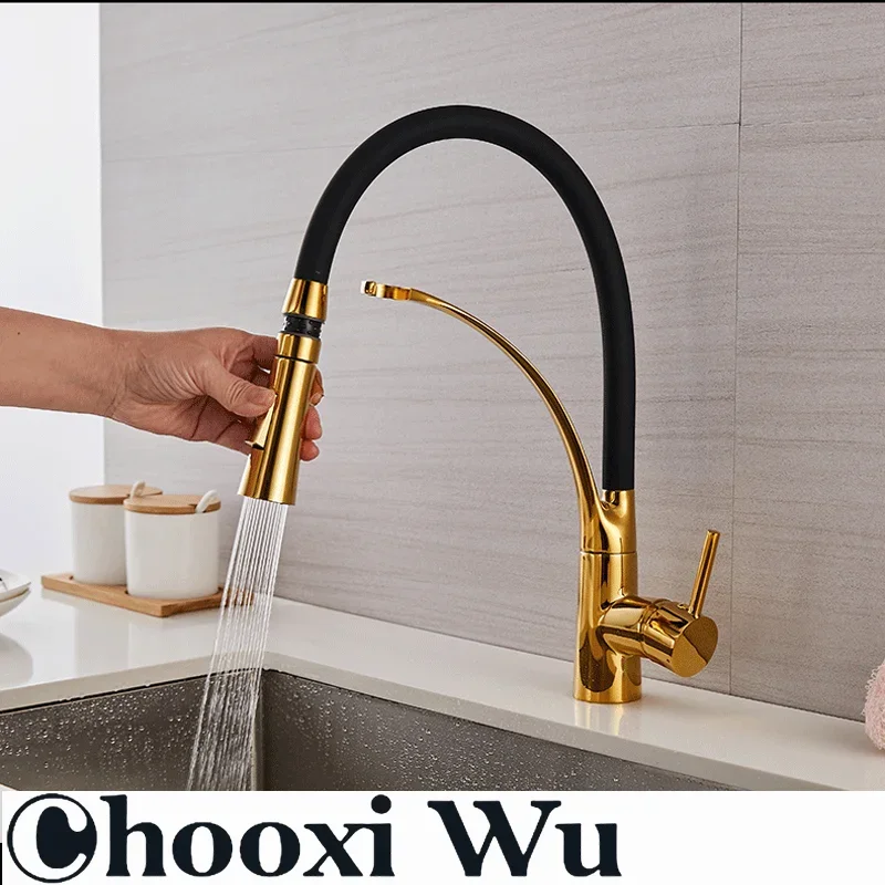CHOOXIWU-Black Rubber Kitchen Faucet Mixer Tap Rotation Pull Down Stream Sprayer Taps Hot Cold Water Tap One Handle Kitchen Tap