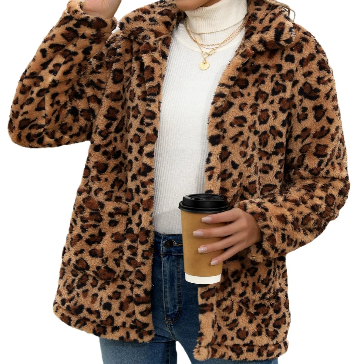 

Women Autumn Plush Jacket Coats Plaid Plush Patch Pocket Long Sleeved Winter Casual Outerwear Jacket Fall Clothes 2025 Women
