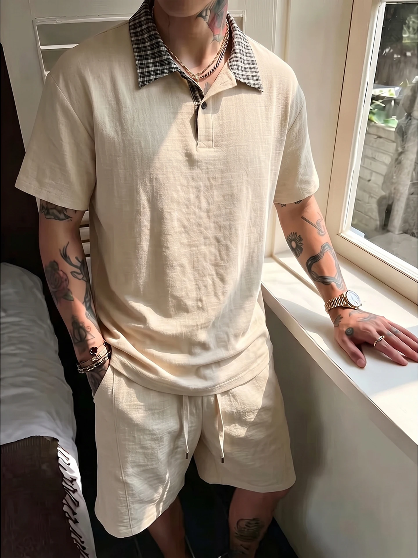 Summer Men's Linen  Shirt And Shorts Set with Collar Flip T-Shirt And Patchwork Design High-End Feelings Fashionable Kit